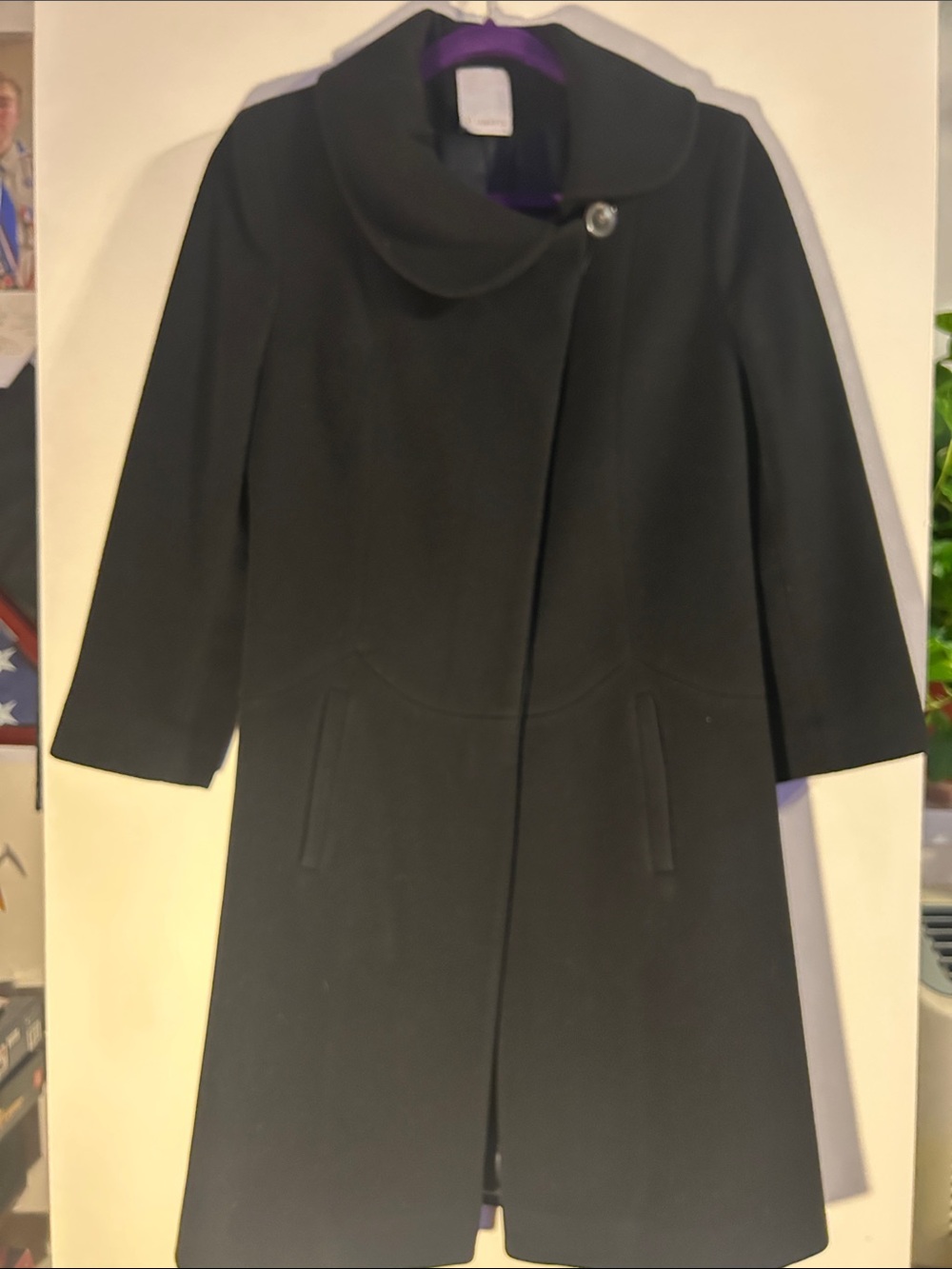 Fleurette Classic Black 100% Lambswool Women's Coat with Funnel Collar size 2
